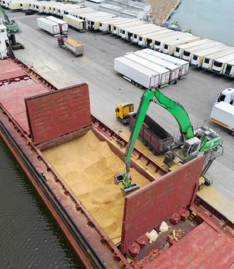 Aerial view of bulk carrier loading from truck